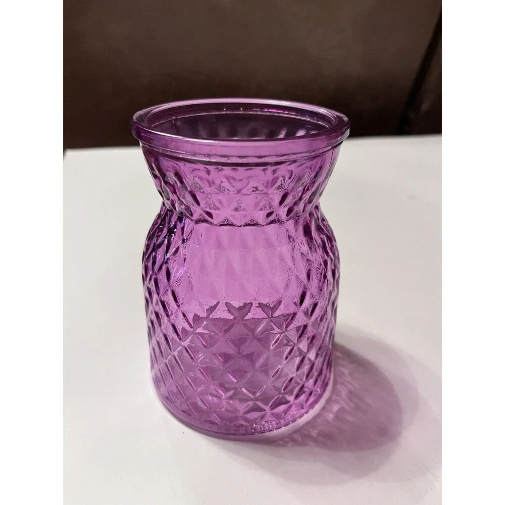 Purple Pressed Glass Flower Vase Small Vintage Style Diamond Pattern 5” Tall NEW